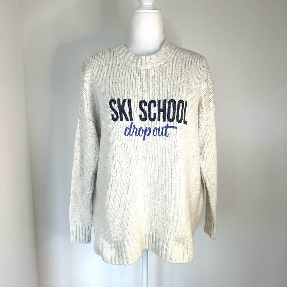 aerie White Crew Neck Sweater with Knitted Texture and Relaxed Fit
